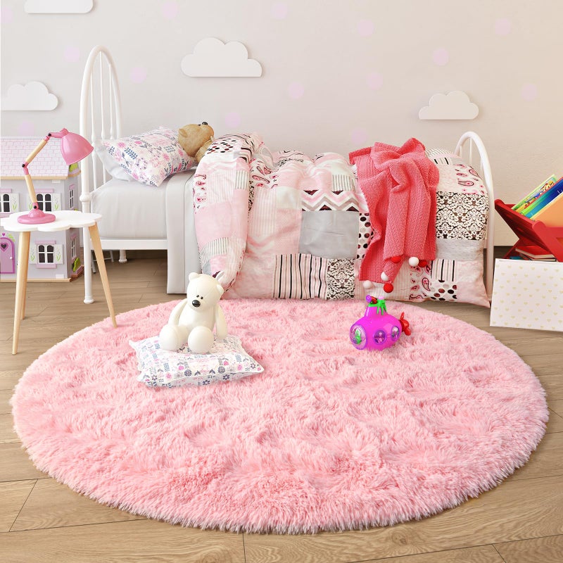 junovo Pink Round Rug 4x4 Feet Fluffy Soft Area Rugs for Kids Girls Room Princess Castle Plush Shaggy Carpet Cute Circle Nursery Rug for Girls Bedroom Baby Home Decor Circular Carpet - Image 3